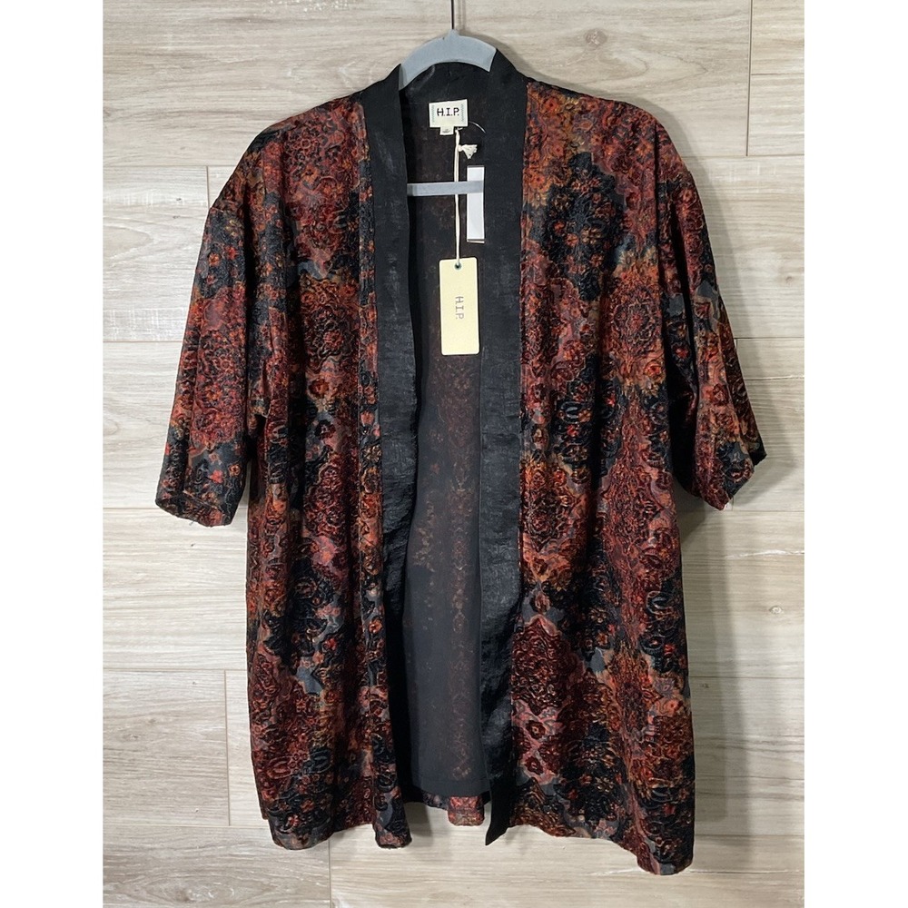 NEW Women's 1X Floral Kimono Cardigan Velour Black Copper Multi Dark Romantic